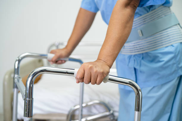 istock Asian lady patient use walker in hospital to support walking. 1493448232