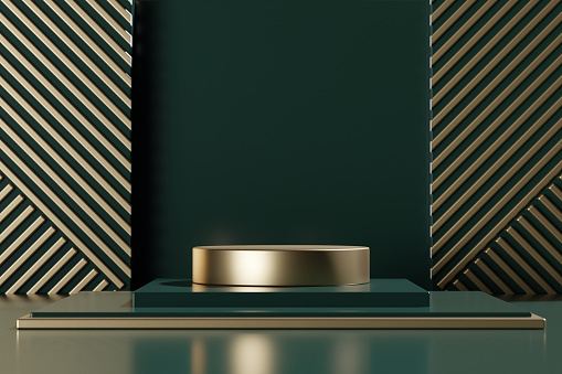 Luxury golden podium and green background. Display platform for a product presentation.