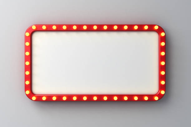 istock Retro billboard or blank shining signboard with glowing yellow neon light bulbs isolated on white wall background with shadow 3D rendering 1493448610