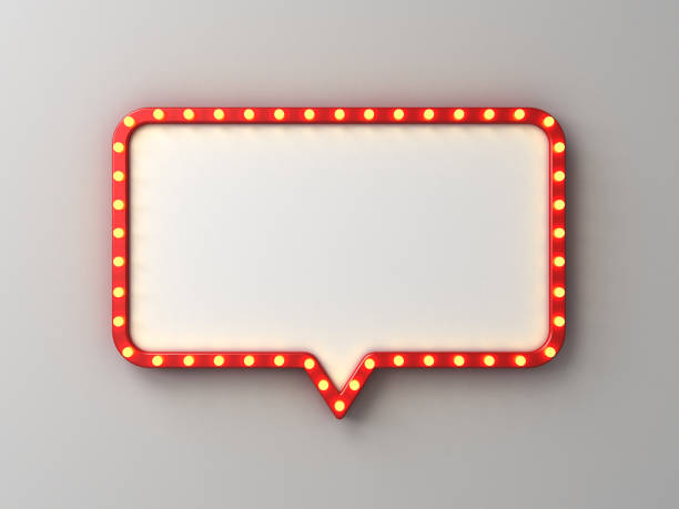 istock Blank retro speech bubble signboard or red rounded rectangle notification sign pin with retro neon light bulbs isolated on white wall background with shadow 3D rendering 1493448611