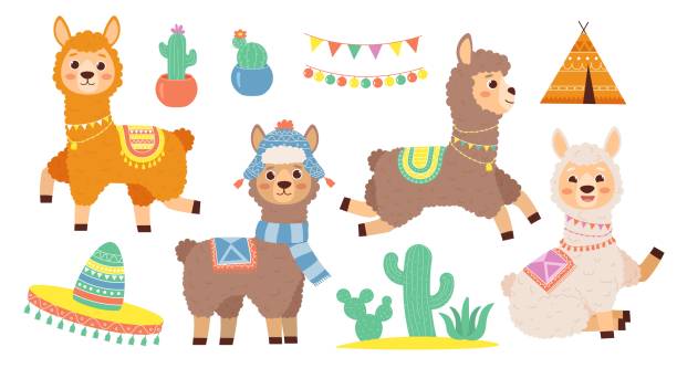 Cute llama set. Adorable tropical and exotic animals. Stickers for social media. Wildlife and fauna. Toys or mascots. Cactus and sombrero. Cartoon flat vector collection isolated on white background