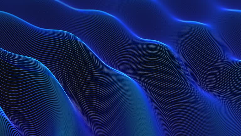 Blue 3D soundwaves consisting of lines flowing digital water surface. Abstract concept of digital music, big data and artificial intelligence. Tidal waves of digital information