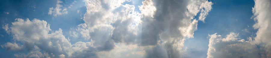 A panoramic skyscape with various clouds on a summer day.