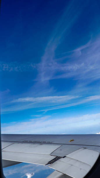 istock Clear blue sky with fluffy ornamental cumulus clouds, panoramic view from an airplane, wing close-up. Dreamlike cloudscape. Travel, tourism, vacations, weekend, freedom, peace, hope, heaven concepts. 1493457887