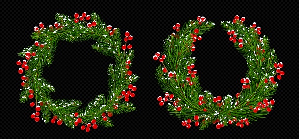 Realistic set of Christmas wreaths isolated on transparent background. Vector illustration of evergreen fir branch circle decorated with red berries and snow. Traditional holiday garland frame design