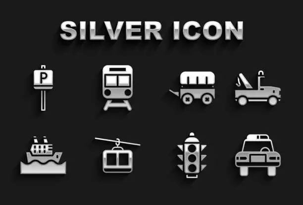 Vector illustration of Set Cable car, Tow truck, Police and flasher, Traffic light, Cruise ship, Wild west covered wagon, Parking and Train railway icon. Vector