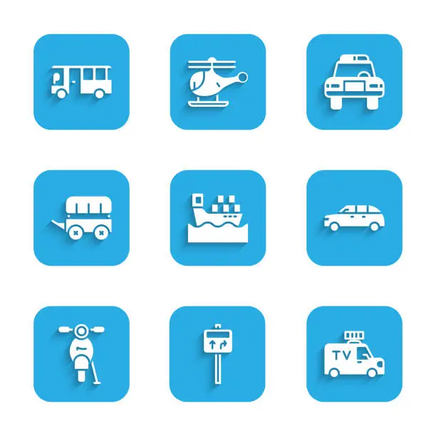 Vector illustration of Set Cargo ship with boxes, Road traffic signpost, TV News car, Hatchback, Scooter, Wild west covered wagon, Police and flasher and Bus icon. Vector
