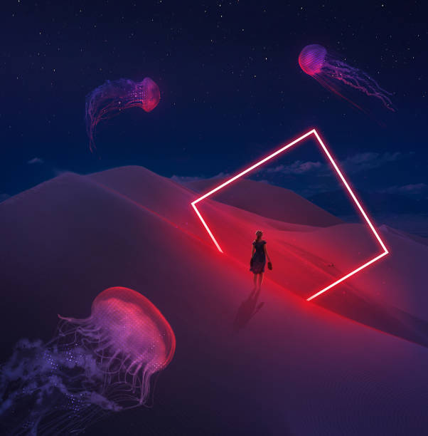 Jellyfish woman and Rectangle glow object in the desert