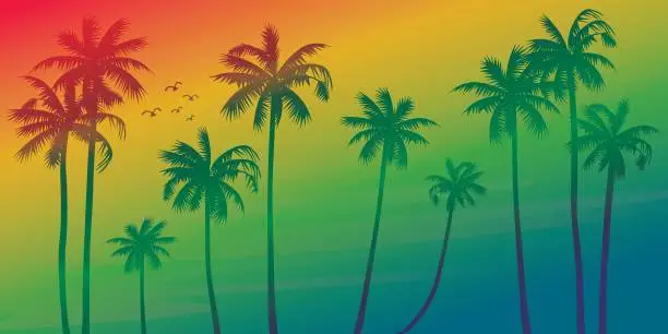 Vector illustration of Colorful palm trees with surrealistic sky background vector illustration. Summer traveling and party at the beach vivid colors concept flat design.