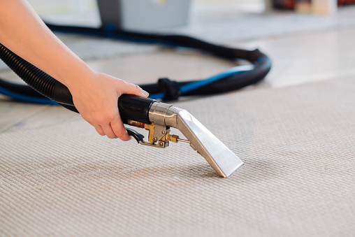 Close-up of housekeeper holding modern washing vacuum cleaner and cleaning dirty carpet with stain with professionally detergent. Professional spring clean at home concept