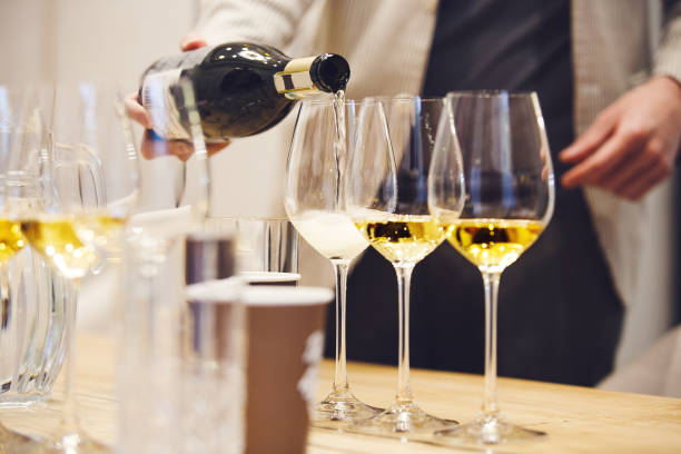 wine waiter pouring sparkling wine to the glass during sommelier tasting training - winetasting imagens e fotografias de stock