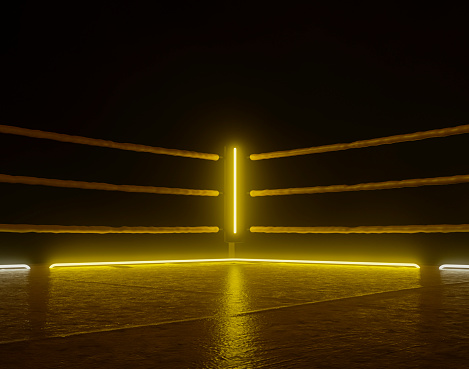 A futurist cyberpunk concept of a wrestling ring lit by illuminated yellow neon lights on a dark isolated background - 3D render