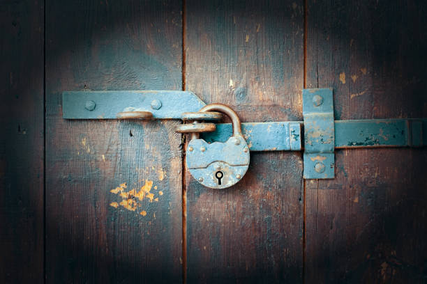 istock Old rusty padlock on a wooden door 1493471202