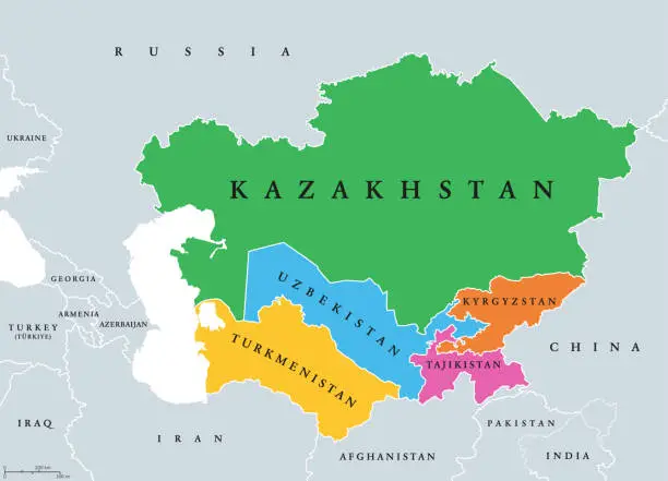 Vector illustration of Central Asia, the Middle Asia countries, colored political map