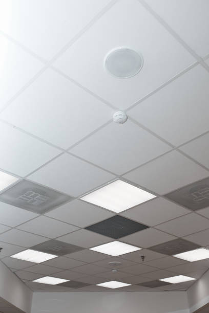 istock Office room ceiling with smoke detector and alarm 1493471874