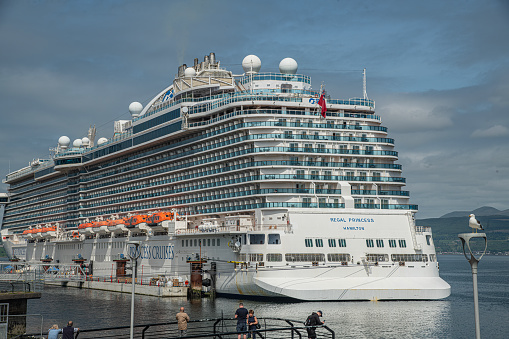 Oslo, Norway - April, 26. 2018 - The cruise ship Aida Cara is anchored in Oslo. The famous Akershus fortress can be visited, and the opera house is not far away. Many boats are on the way