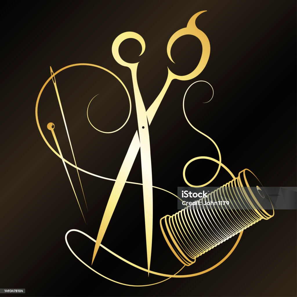 Gold Scissors Draw Gold Scissors Needle And Thread And Spool Stock Illustration - Download ...