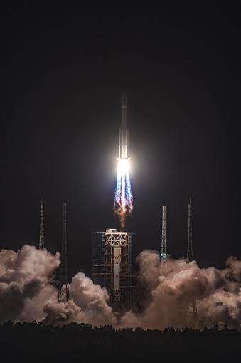 Hawthorne, CA, USA - May 10, 2022: The historic flown and recovered Falcon 9 rocket booster, a permanent vertical display at the SpaceX headquarters in Hawthorne, California.