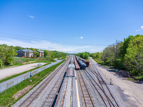 Aerial view of many railroads with trains during a day of summer in Quebec city