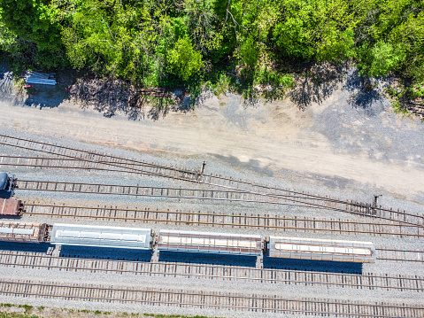 Aerial view of many railroads with trains during a day of summer in Quebec city