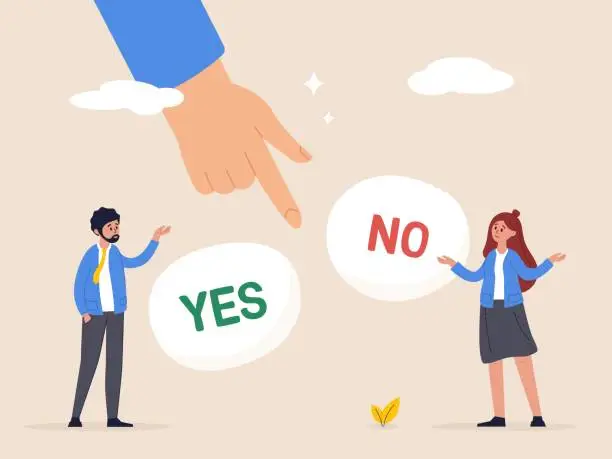 Vector illustration of Dilemma, decision and opportunities concept. Thoughtful people making difficult choice between two options. Cartoon hand ready for pushing button. Flat vector illustration.