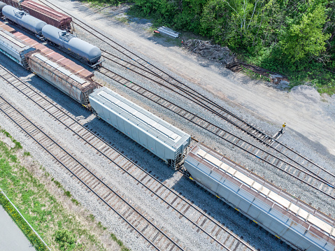 Aerial view of many railroads with trains during a day of summer in Quebec city