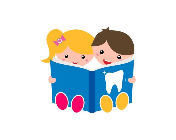 illustrations, cliparts, dessins animés et icônes de deux enfants lisent le livre tooth logo design vector - book book cover healthcare and medicine medical exam