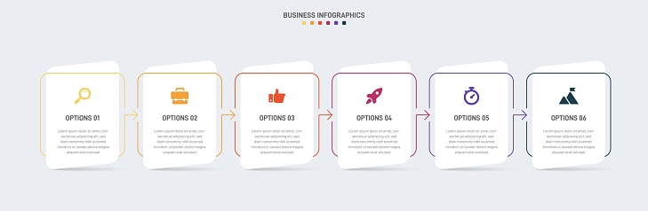 Timeline infographic with infochart. Modern presentation template with 6 spets for business process. Website template on white background for concept modern design. Horizontal layout