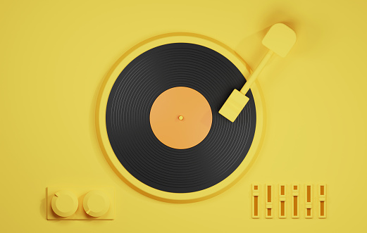 Record player on yellow background for online music streaming Or mix music at a party. 3d render illustration.