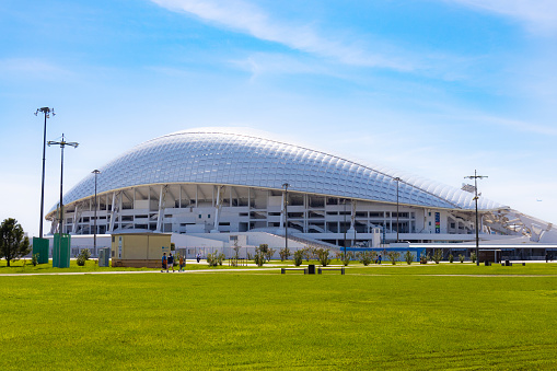 Sochi, Russia - 16 April, 2023: View on Fisht Olympic Stadium in the Sochi Olympic Park. Designed by Global Design Practice Populous and British design consultancy BuroHappold Engineering
