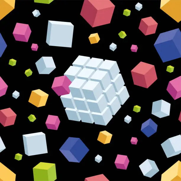 Vector illustration of Seamless Composition of a Chaotic and Organized Coloured Cubes