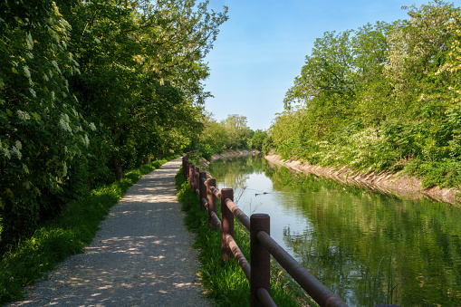 Cycleway along the Villoresi canal, Milan, Lombardy, Italy, at springtime