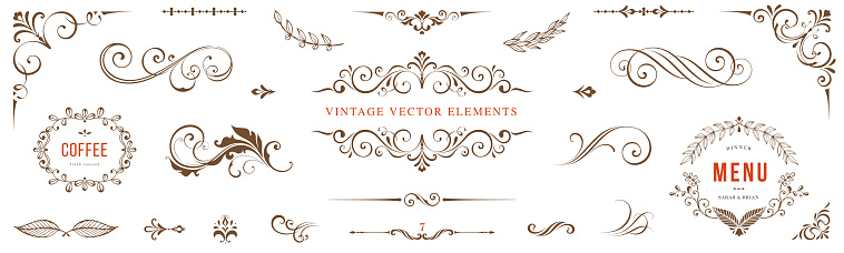 Universal scroll elements and ornate vintage frames. Classic calligraphy swirls, swashes, floral motifs. Good for greeting cards, wedding invitations, restaurant menu, royal certificates and other graphic design.