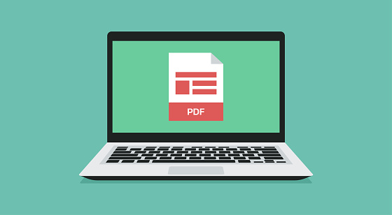 file format icon with PDF label on laptop screen, vector flat illustration design