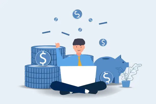 Vector illustration of Earn money online. Man working online with a computer and coins. Freelancer making money from home, earn in internet, success, remote work. Earning, spending and save money concept.vector illustration