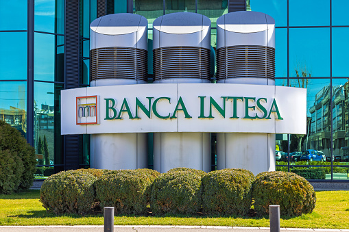 Belgrade, Serbia - March 13, 2023: Italian Banca Intesa Sanpaolo Group Bank Office Building at New Belgrade.