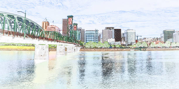 Looking West Across the Willamette River and Hawthorn Bridge at Portland Skyline