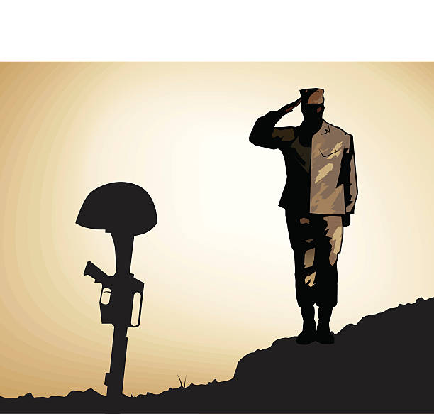 Marine Desert Memorial Salute A marine salutes a memorial to a fallen comrade on a rocky ridge. soldier grave stock illustrations