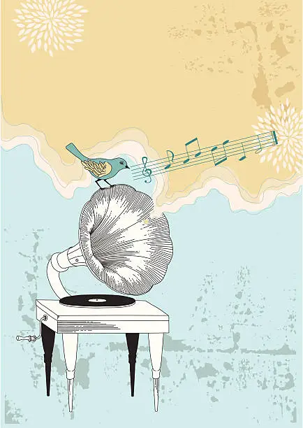 Vector illustration of Gramophone and Blue Bird
