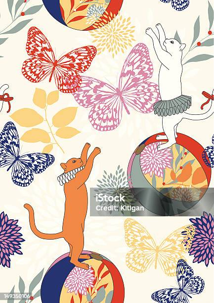 Seamless Pattern With Cats And Butterflies Stock Illustration - Download Image Now - Animal, Animal Markings, Animal Tricks