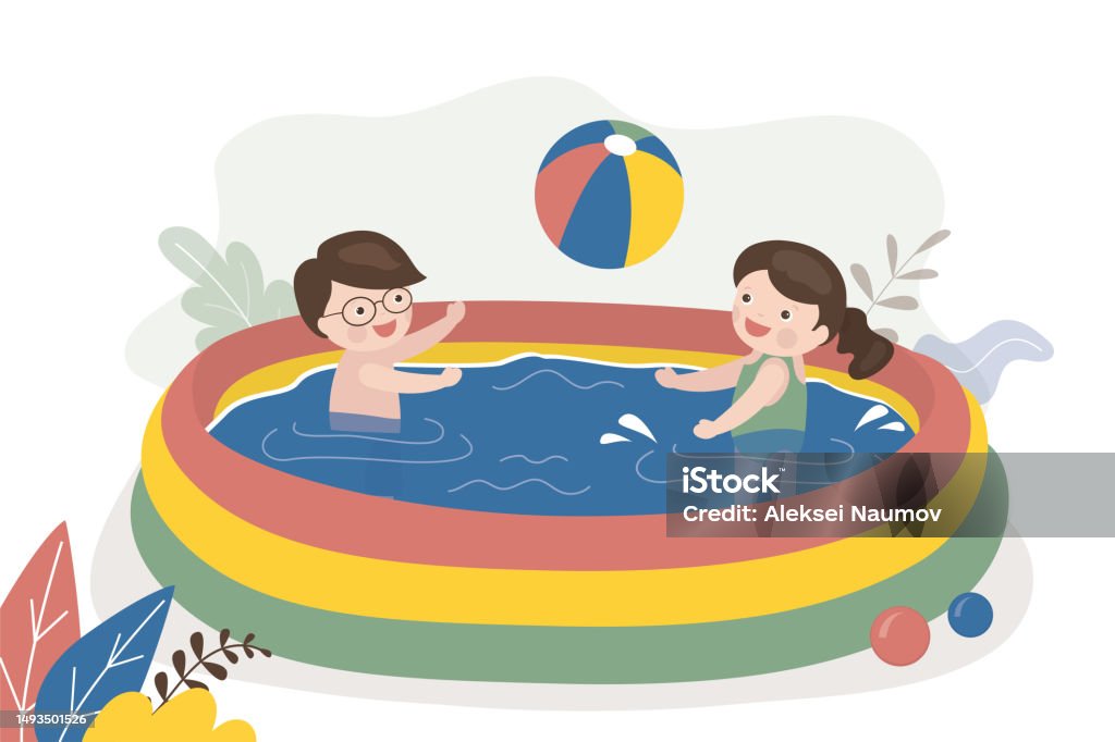 Funny Children Playing Ball And Swim In Small Inflatable Pool Summer