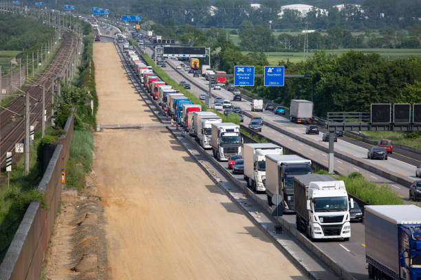istock Construction site and traffic jam on German highway A3 1493502611
