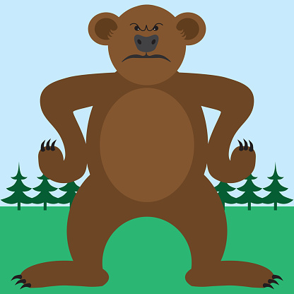 A grouchy cartoon bear with paws on hips is glaring toward the viewer