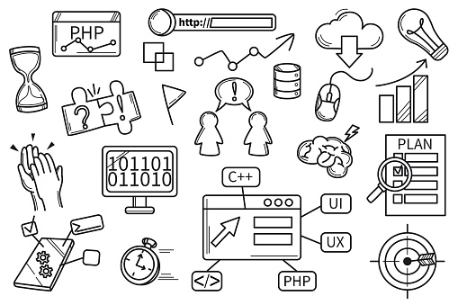 Hackathon doodle set. Hand drawn icons collection of programming, brainstorm and generation ideas, development, timing and teamwork, goal and strategy plan. Develop software vector line art.