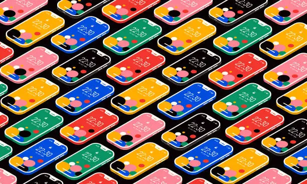 Vector illustration of Colorful isometric vector background with mobile phones.