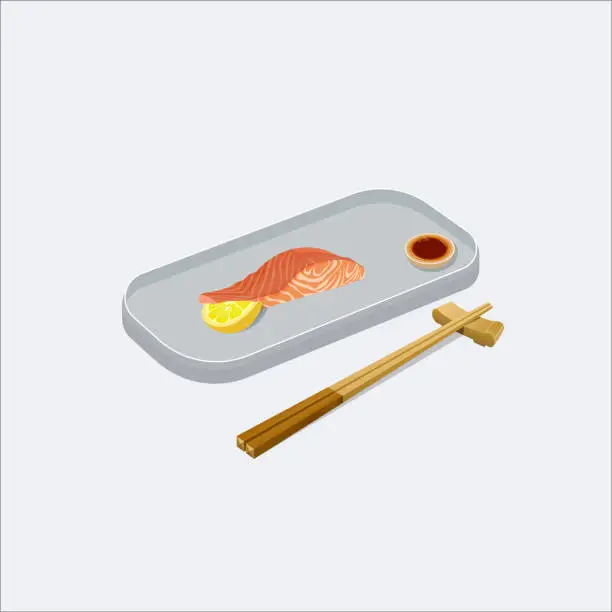 Vector illustration of Sushi japanese food with fish and chopsticks,soy sauce in dish.