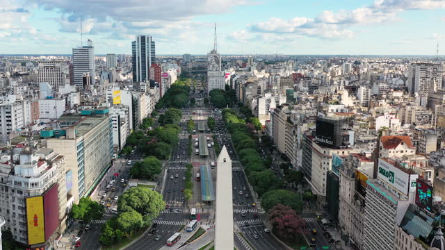 Obelisk of Buenos Aires at 9 de Julio Avenue in Buenos Aires, Argentina, aerial view of traffic in the square