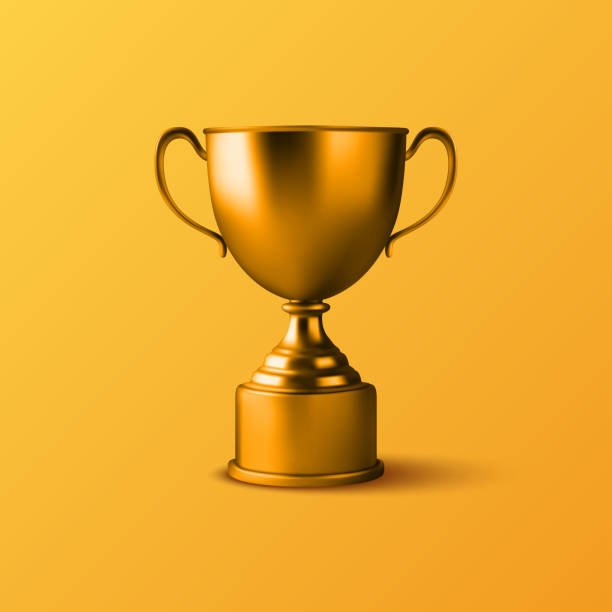 ilustrações, clipart, desenhos animados e ícones de vetor 3d realista em branco golden champion cup ícone closeup no fundo amarelo. modelo de design do troféu do campeonato. prêmio torneio esportivo, copa vencedor de ouro e conceito de vitória - trophy soccer sport success