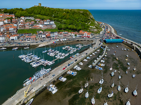 Aerial view of the harbor at Scarborough in North Yorkshire in the northeast of England.