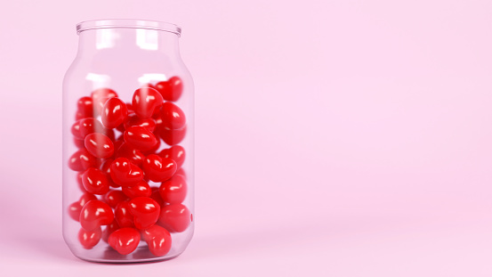 3d rendering of sweet heart candy in glass bottle ,gift ,dessert ,love valentine's Day concept  on pink background